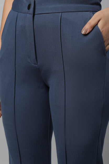 Blue Solid Straight-fit Knit Trousers with Pintuck Detail
