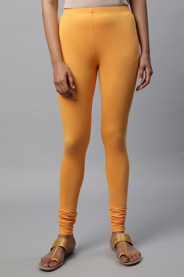 Orange Solid Skinny Fit Cotton Churidar With Elasticated Waist