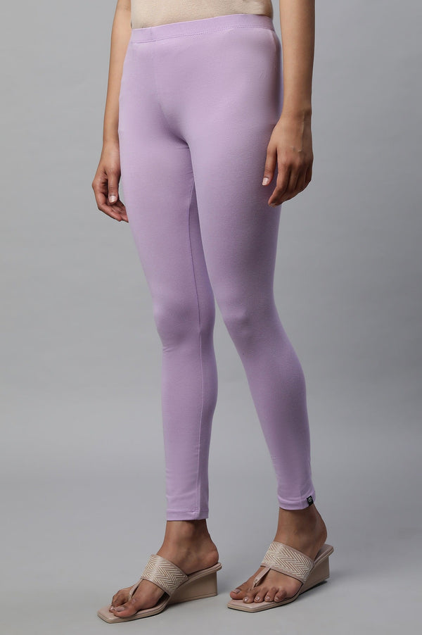 Elleven Women's Lavender Solid Skinny-fit Cotton Tights with Extra Stretch