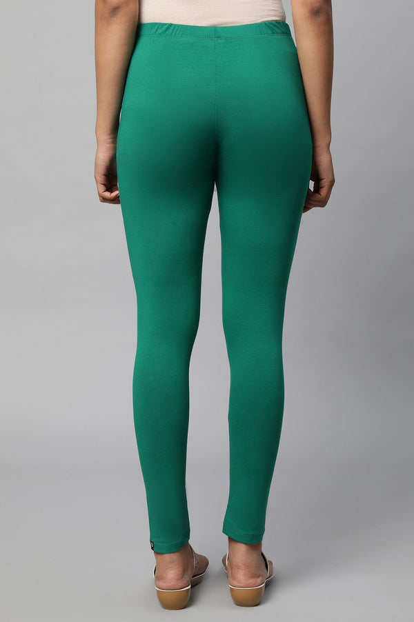 Green Solid Skinny Fit Cotton Tights With Elasticated Waist