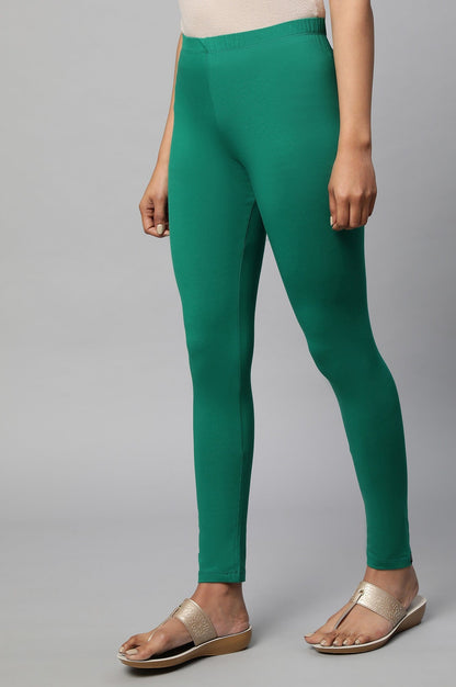 Green Solid Skinny Fit Cotton Tights With Elasticated Waist