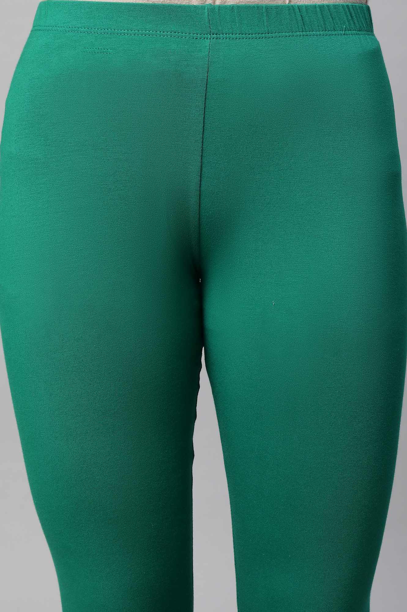 Green Solid Skinny Fit Cotton Tights With Elasticated Waist
