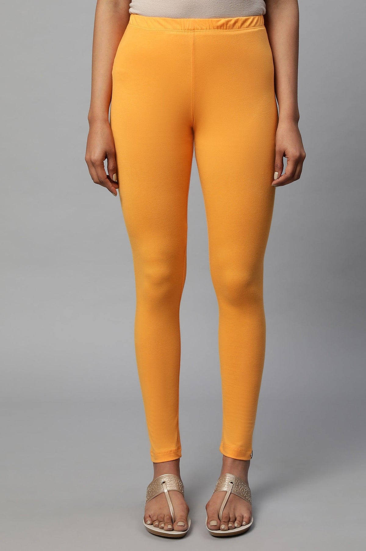 Elleven Women's Orange Solid Skinny Fit Cotton Tights With Elasticated Waist - XS