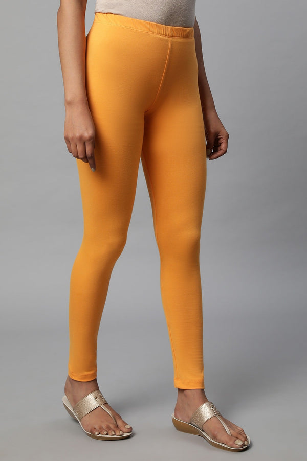 Orange Solid Skinny Fit Cotton Tights With Elasticated Waist