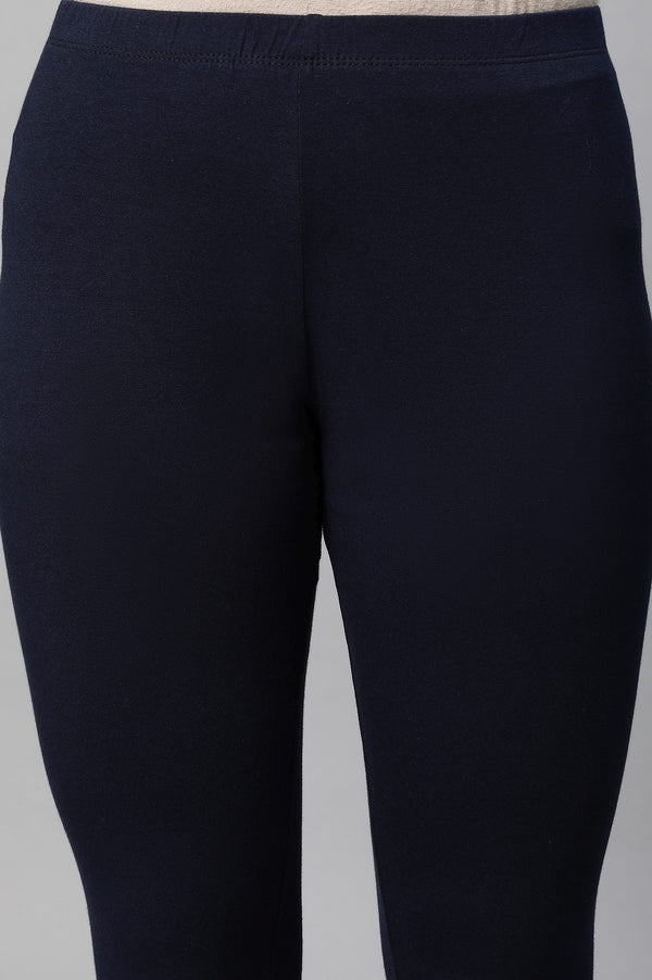Navy Blue Solid Skinny Fit Cotton Tights With Slip On Closure