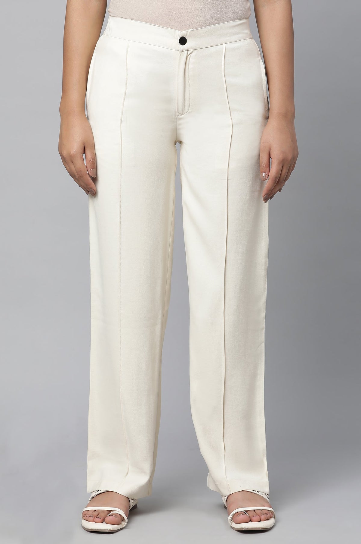Elleven Women's Off White Solid Straight-fit Rayon Pants with Pintuck Detail - XS