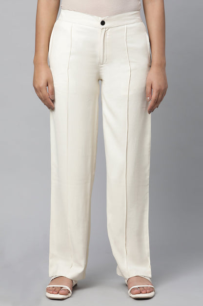 Off White Solid Straight-fit Rayon Pants with Pintuck Detail