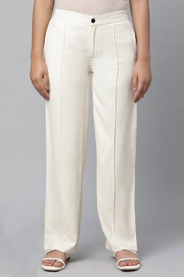 Elleven Women's Off White Solid Straight-fit Rayon Pants with Pintuck Detail