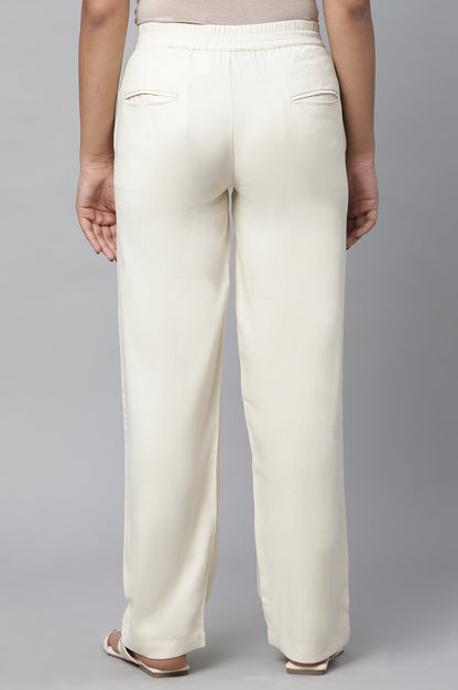 Off White Solid Straight-fit Rayon Pants with Pintuck Detail