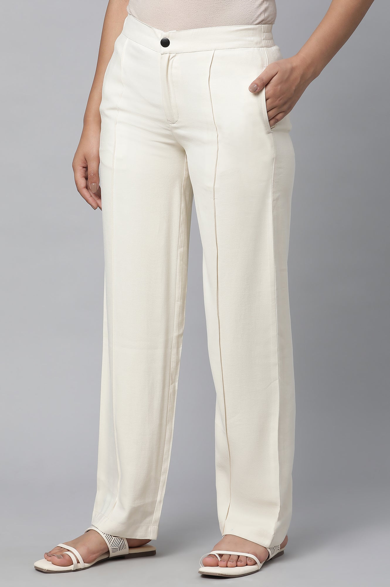 Off White Solid Straight-fit Rayon Pants with Pintuck Detail