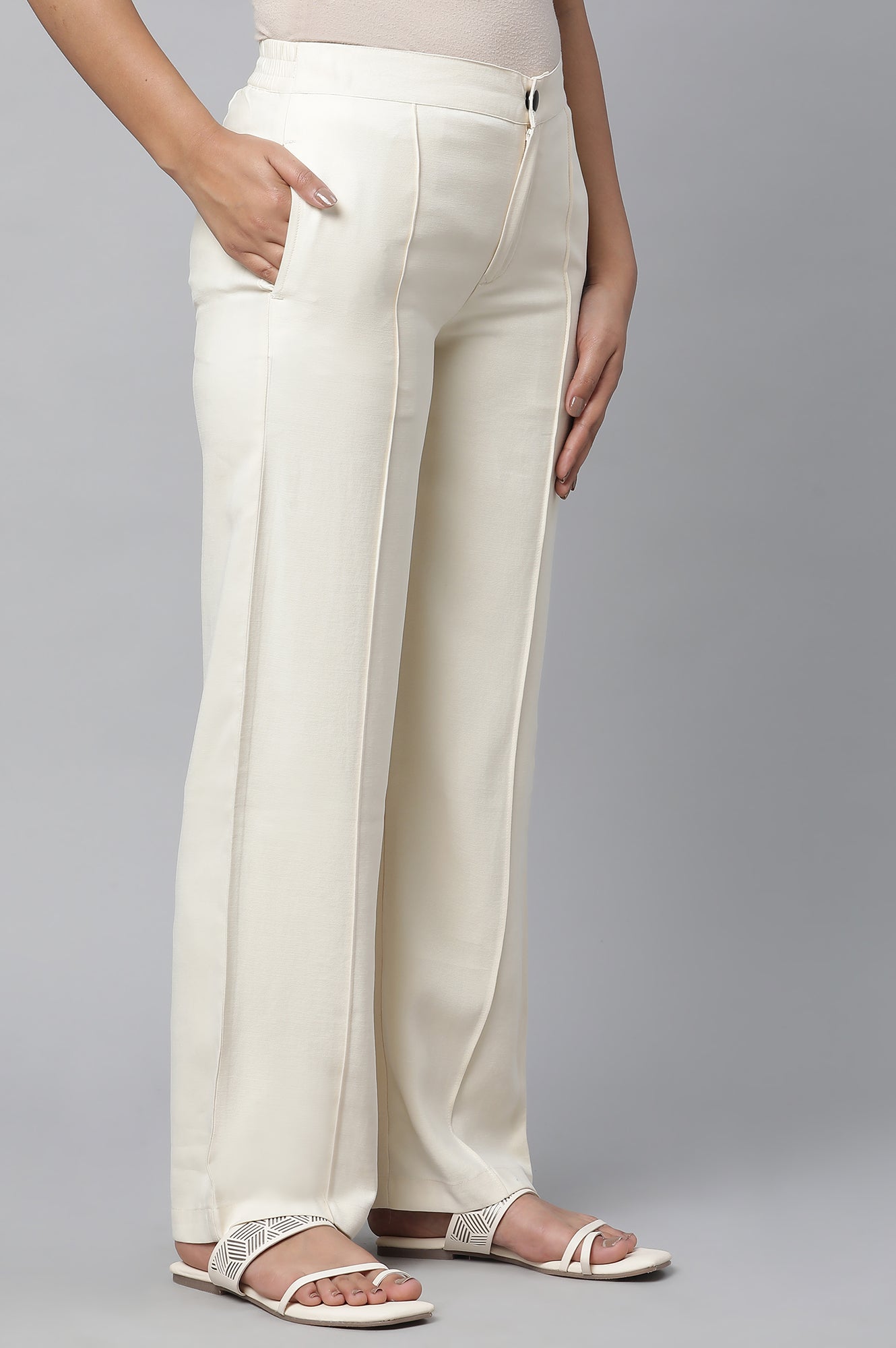 Off White Solid Straight-fit Rayon Pants with Pintuck Detail