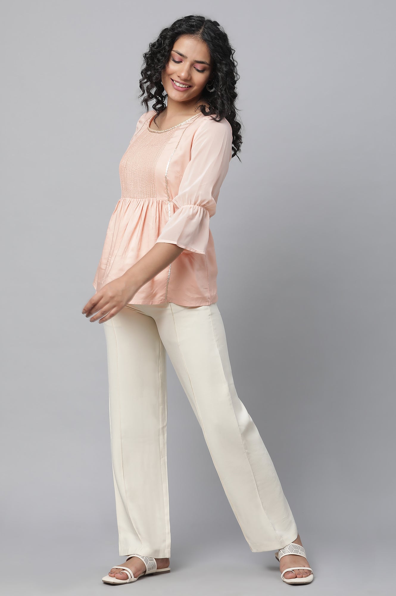 Off White Solid Straight-fit Rayon Pants with Pintuck Detail