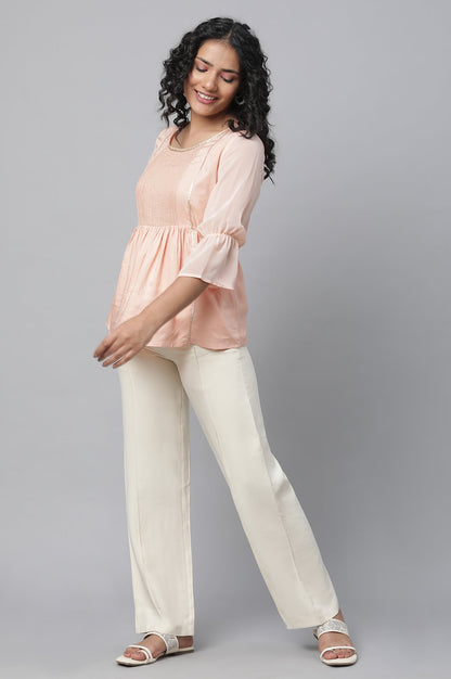 Off White Solid Straight-fit Rayon Pants with Pintuck Detail