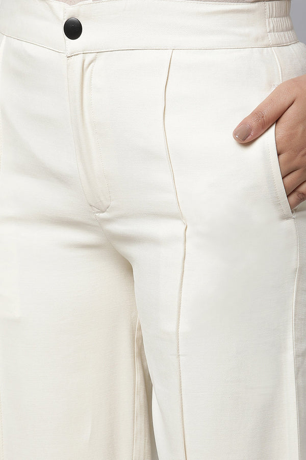 Elleven Women's Off White Solid Straight-fit Rayon Pants with Pintuck Detail