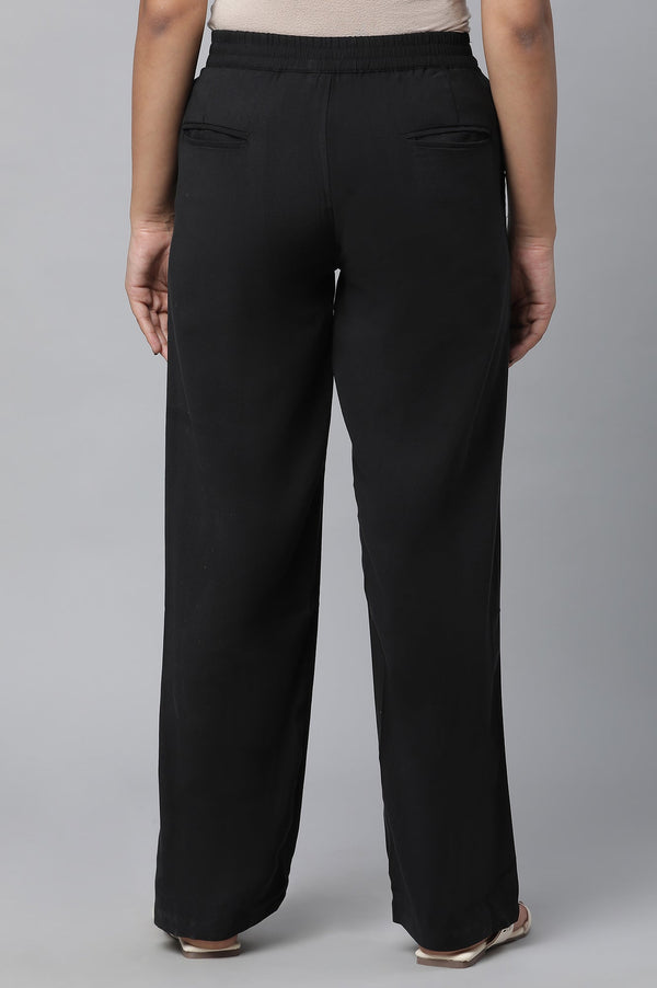 Elleven Women's Black Solid Straight Fit Woven Pants With Pintuck Detail