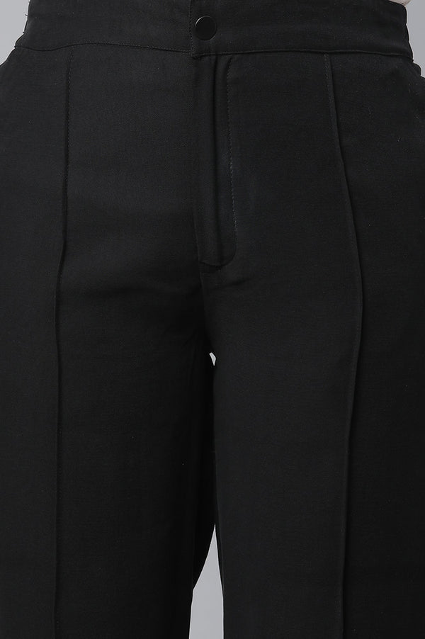 Elleven Women's Black Solid Straight Fit Woven Pants With Pintuck Detail