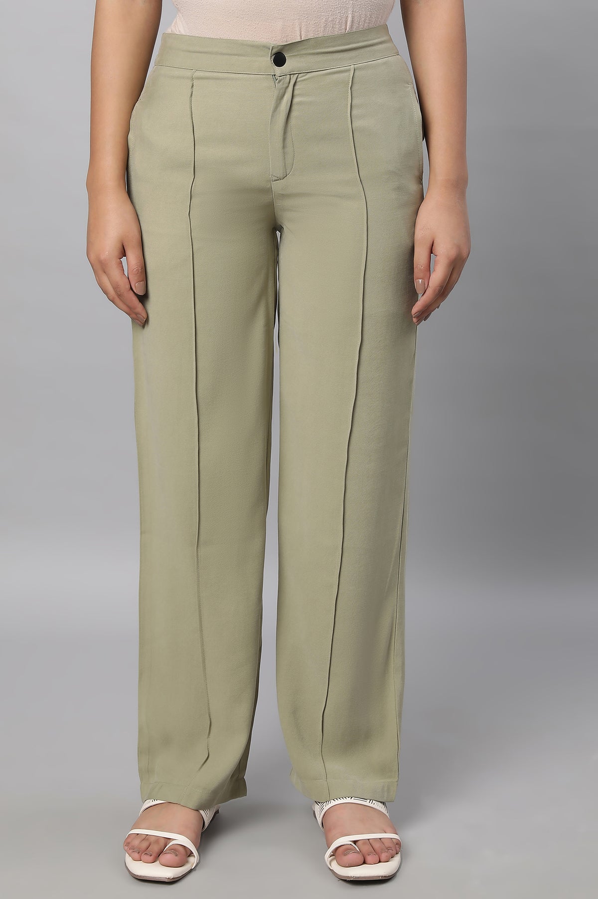Elleven Women's Muted Sage Green Solid Straight Fit Woven Pants With Pintuck Detail - S