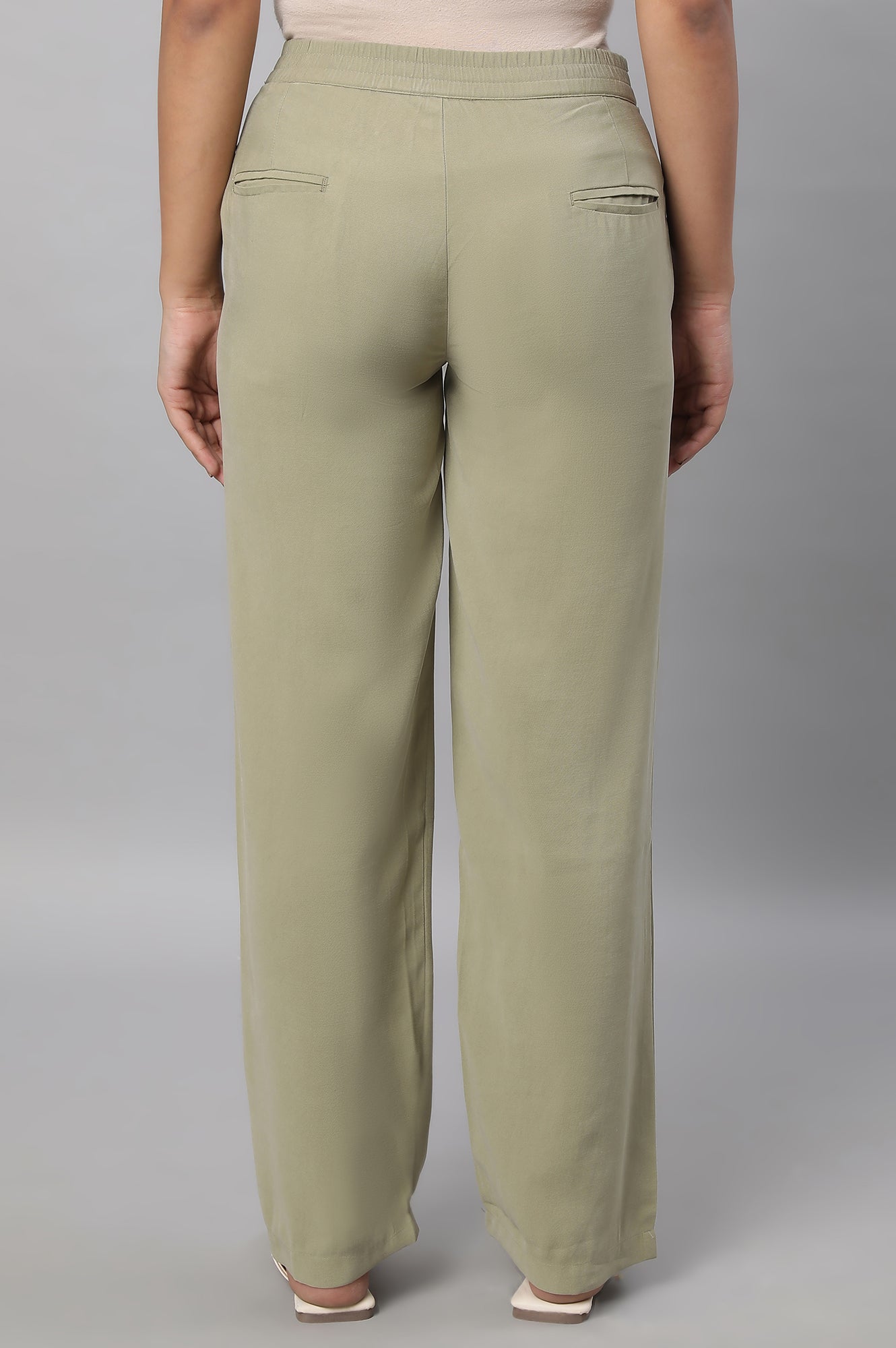 Muted Sage Green Solid Straight Fit Woven Pants With Pintuck Detail
