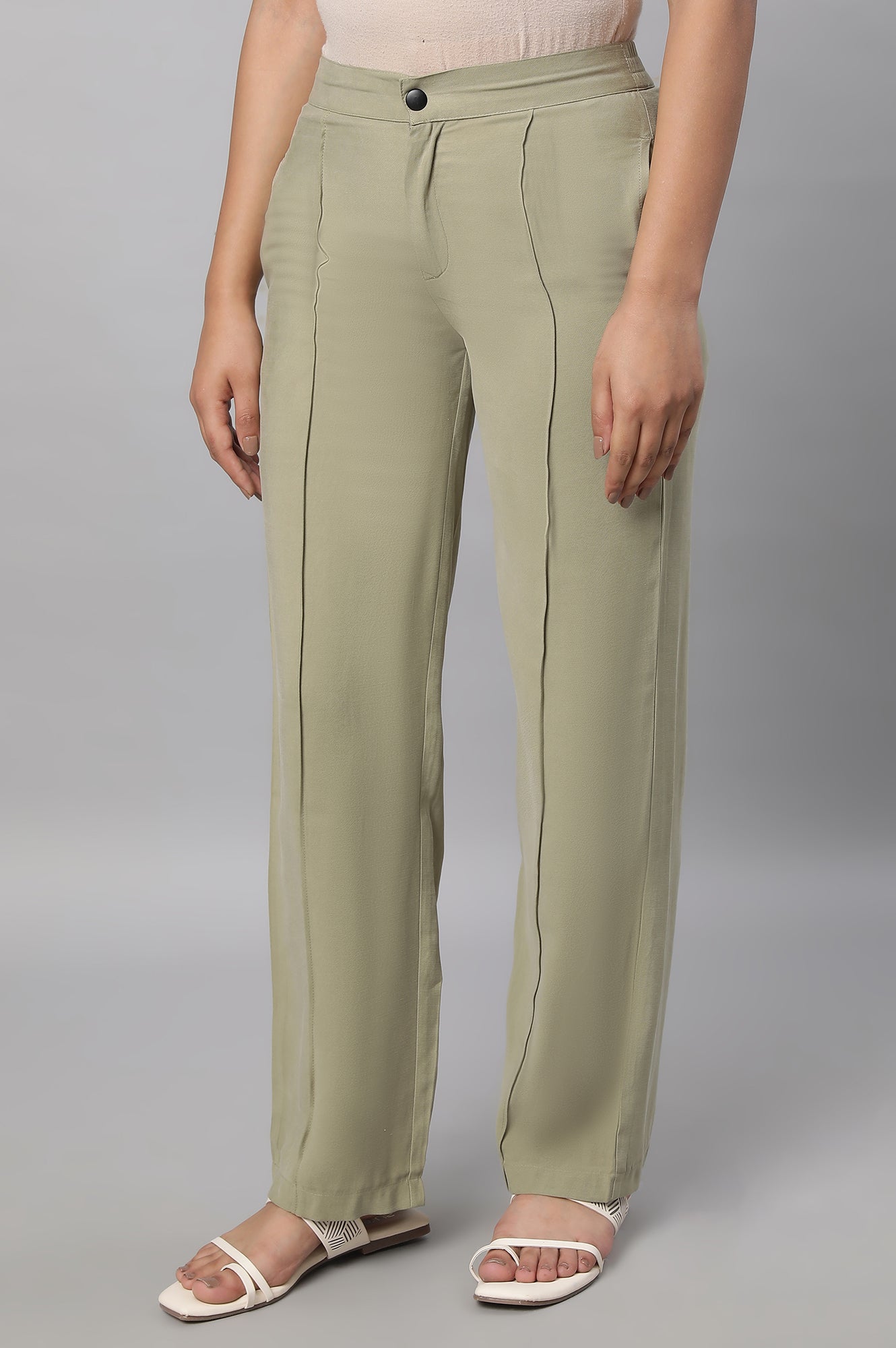 Muted Sage Green Solid Straight Fit Woven Pants With Pintuck Detail