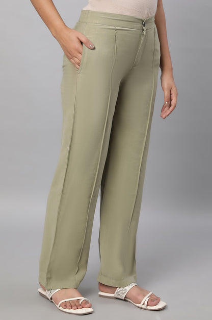 Muted Sage Green Solid Straight Fit Woven Pants With Pintuck Detail