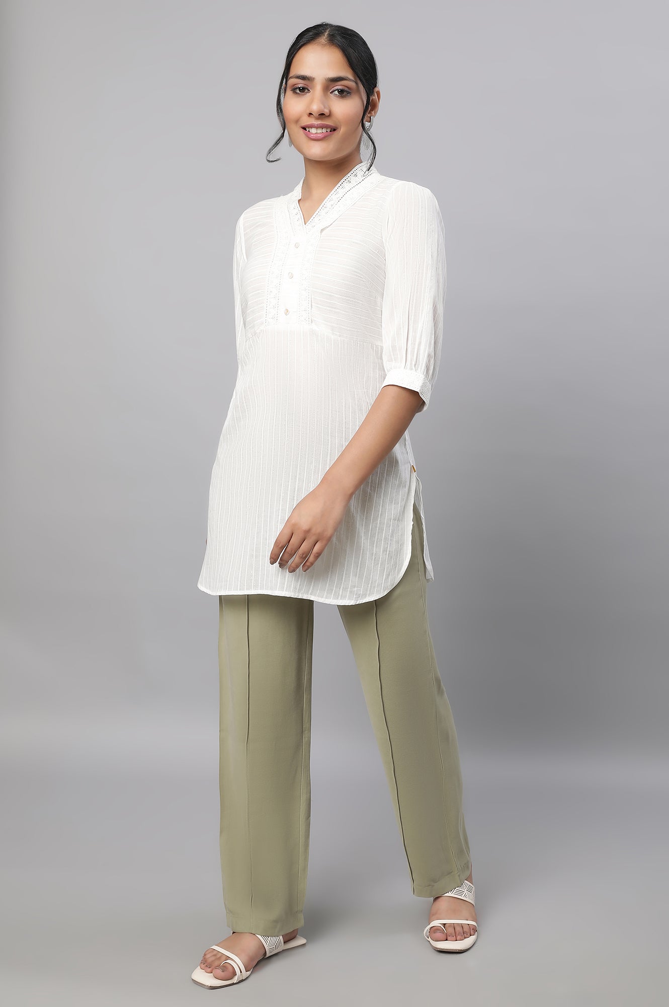 Muted Sage Green Solid Straight Fit Woven Pants With Pintuck Detail