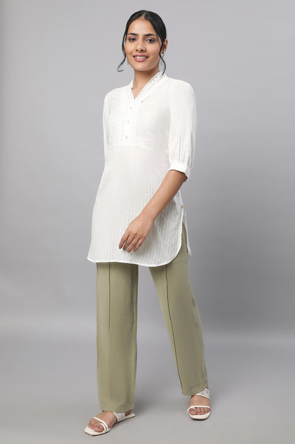 Muted Sage Green Solid Straight Fit Woven Pants With Pintuck Detail