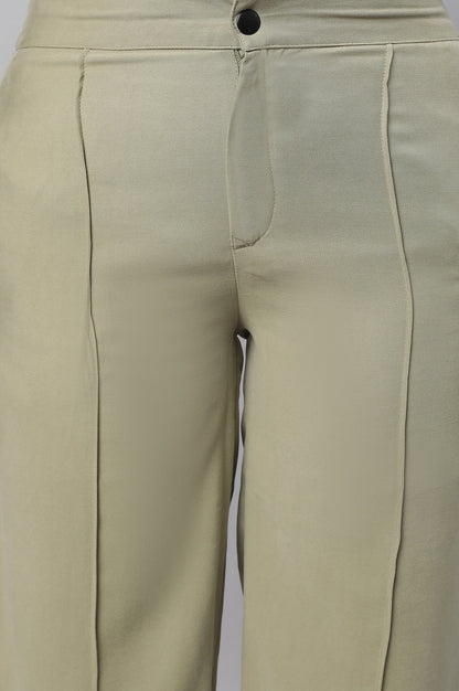 Muted Sage Green Solid Straight Fit Woven Pants With Pintuck Detail