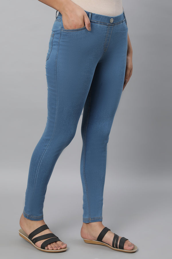 Elleven Women's Blue Yarn Dyed Solid Buttons Denim Lycra Skinny Fit Ankle Length Jeggings