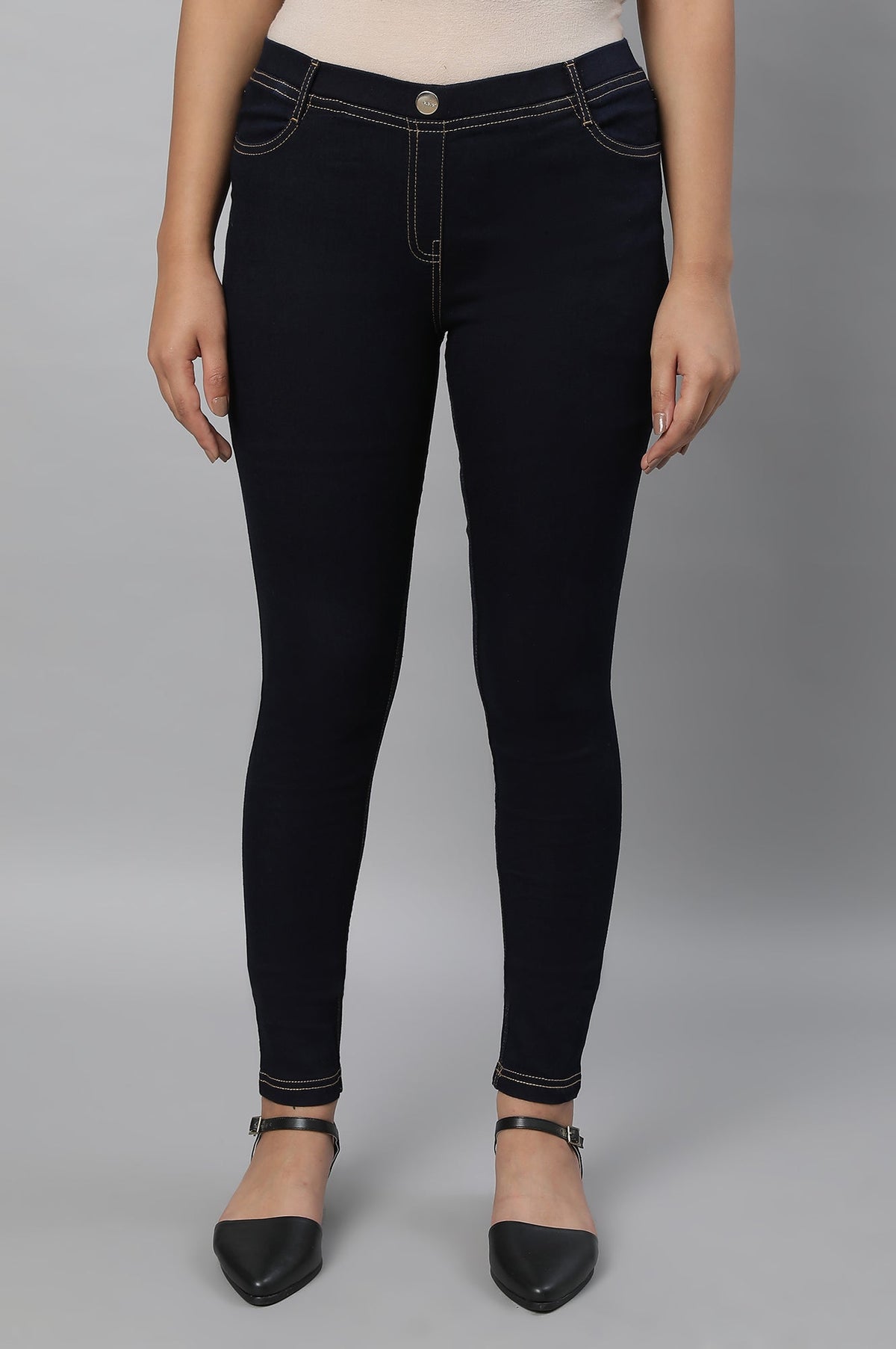 Elleven Women's Navy Blue Solid Skinny Fit Denim Jeggings With Slip On Closure - S