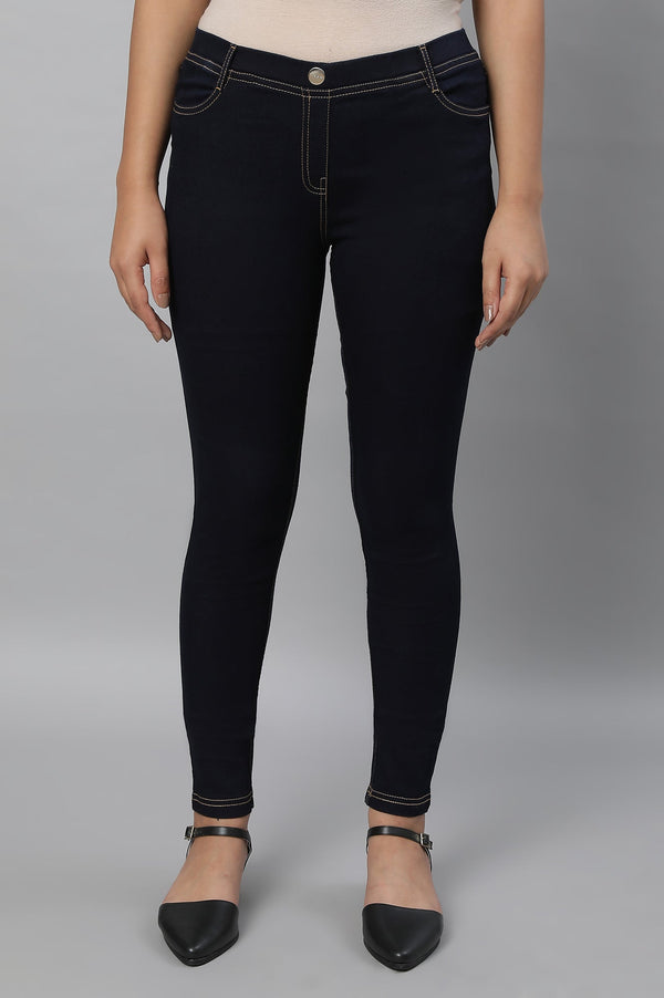Navy Blue Solid Skinny Fit Denim Jeggings With Slip On Closure