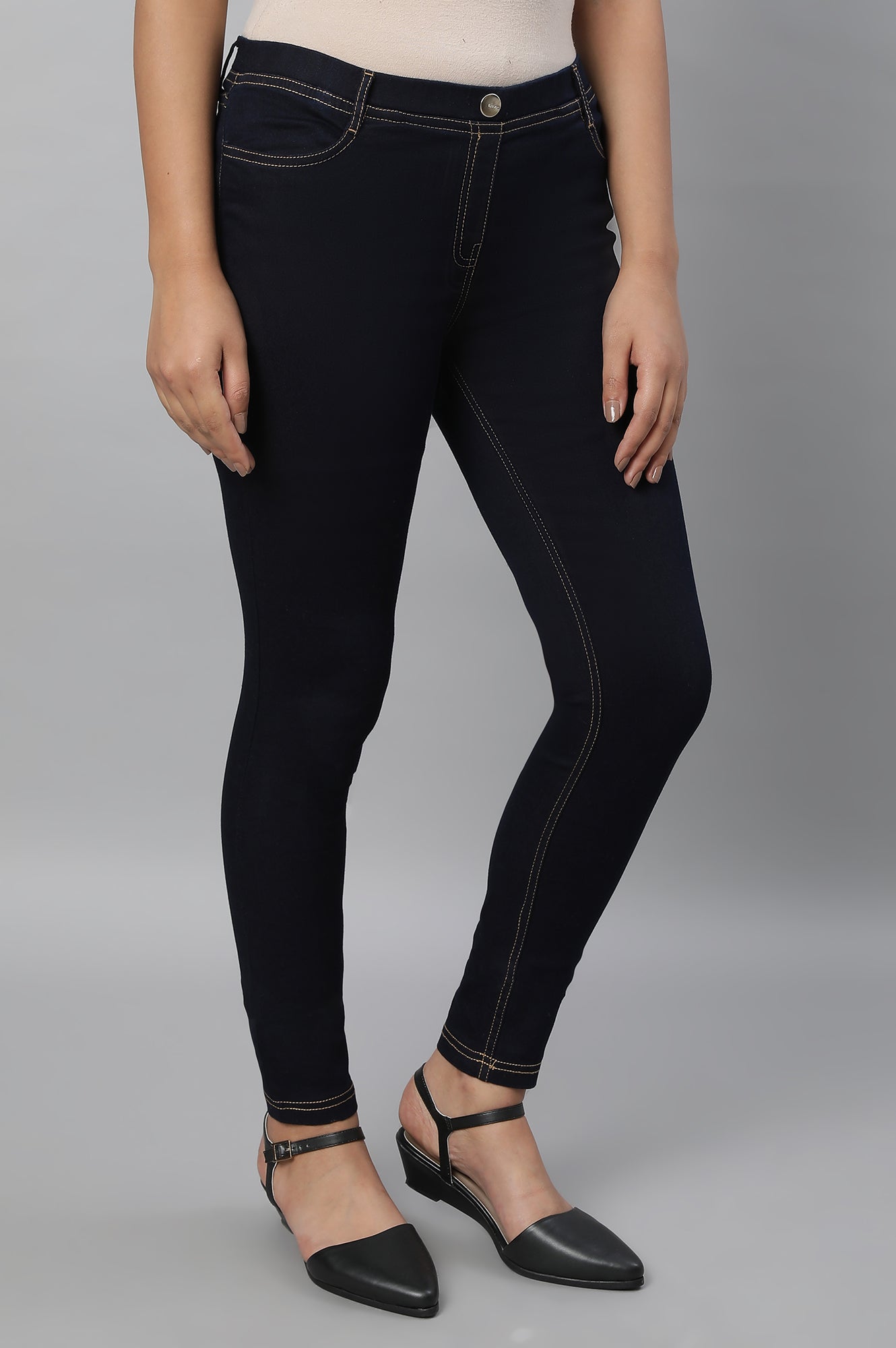 Navy Blue Solid Skinny Fit Denim Jeggings With Slip On Closure