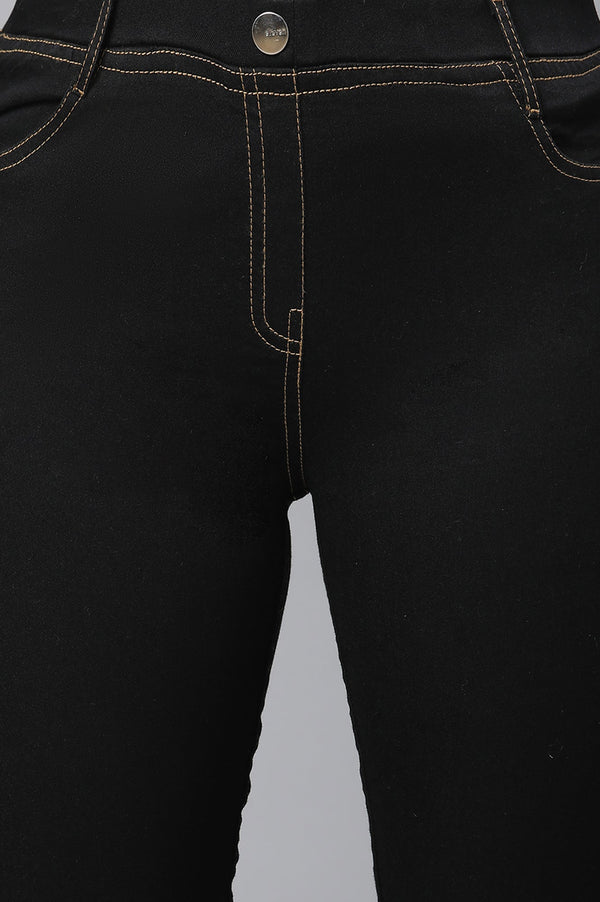 Black Solid Skinny Fit Denim Jeggings With Elasticated Waist