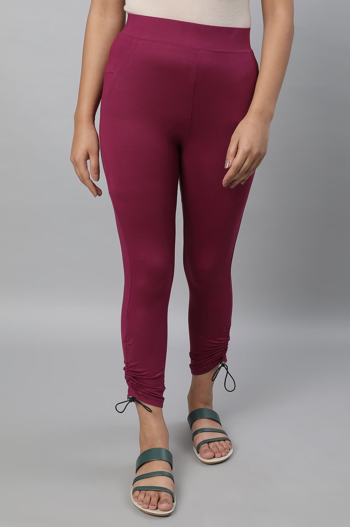 Elleven Women's Purple Solid Skinny Fit Tights With Drawstring Detail - XS