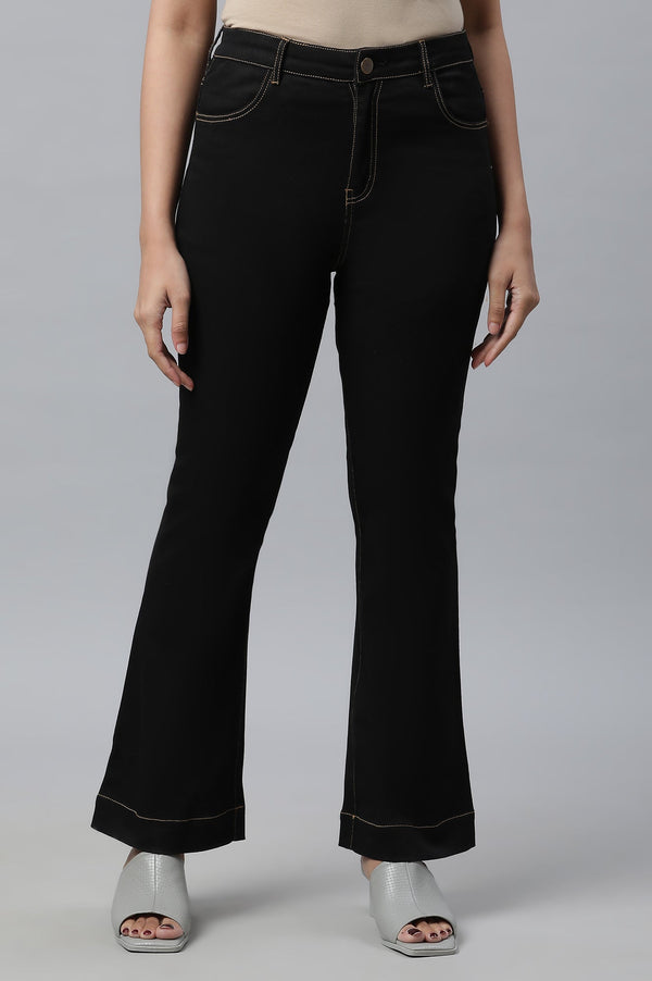 Black Solid Boot Cut Denim Jeans With Front Zip Closure