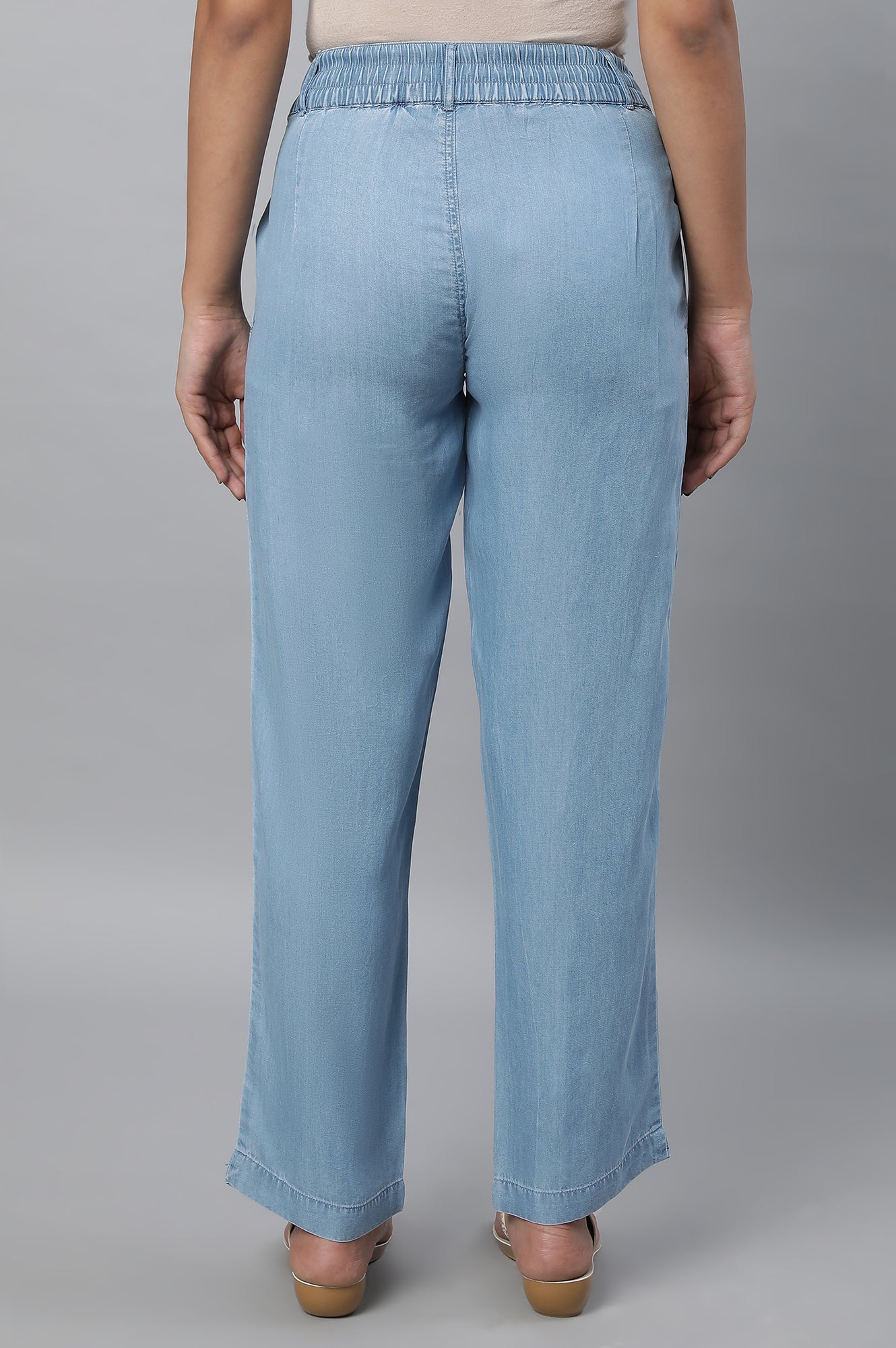 Light Blue Solid Straight Fit Denim Palazzo With Pleated Detail