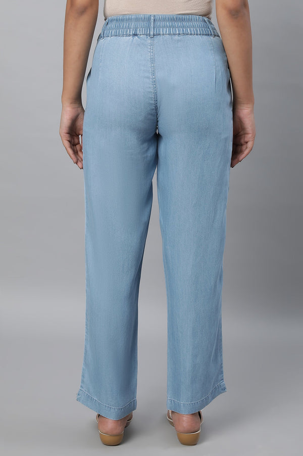 Light Blue Solid Straight Fit Denim Palazzo With Pleated Detail