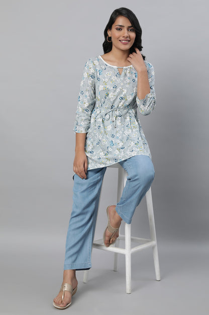 Light Blue Solid Straight Fit Denim Palazzo With Pleated Detail