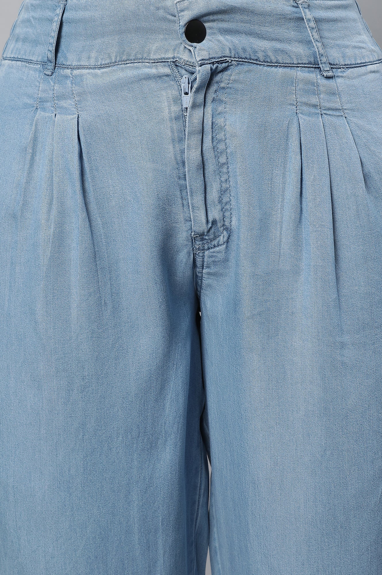 Light Blue Solid Straight Fit Denim Palazzo With Pleated Detail