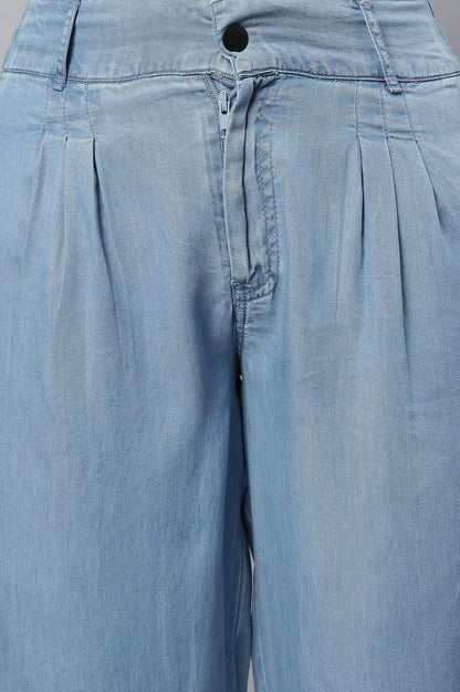 Light Blue Solid Straight Fit Denim Palazzo With Pleated Detail