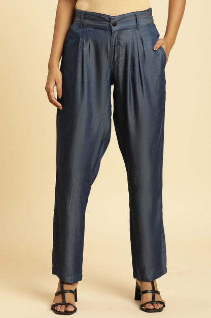 Blue Solid Straight Fit Denim Pants With Pleated Detail