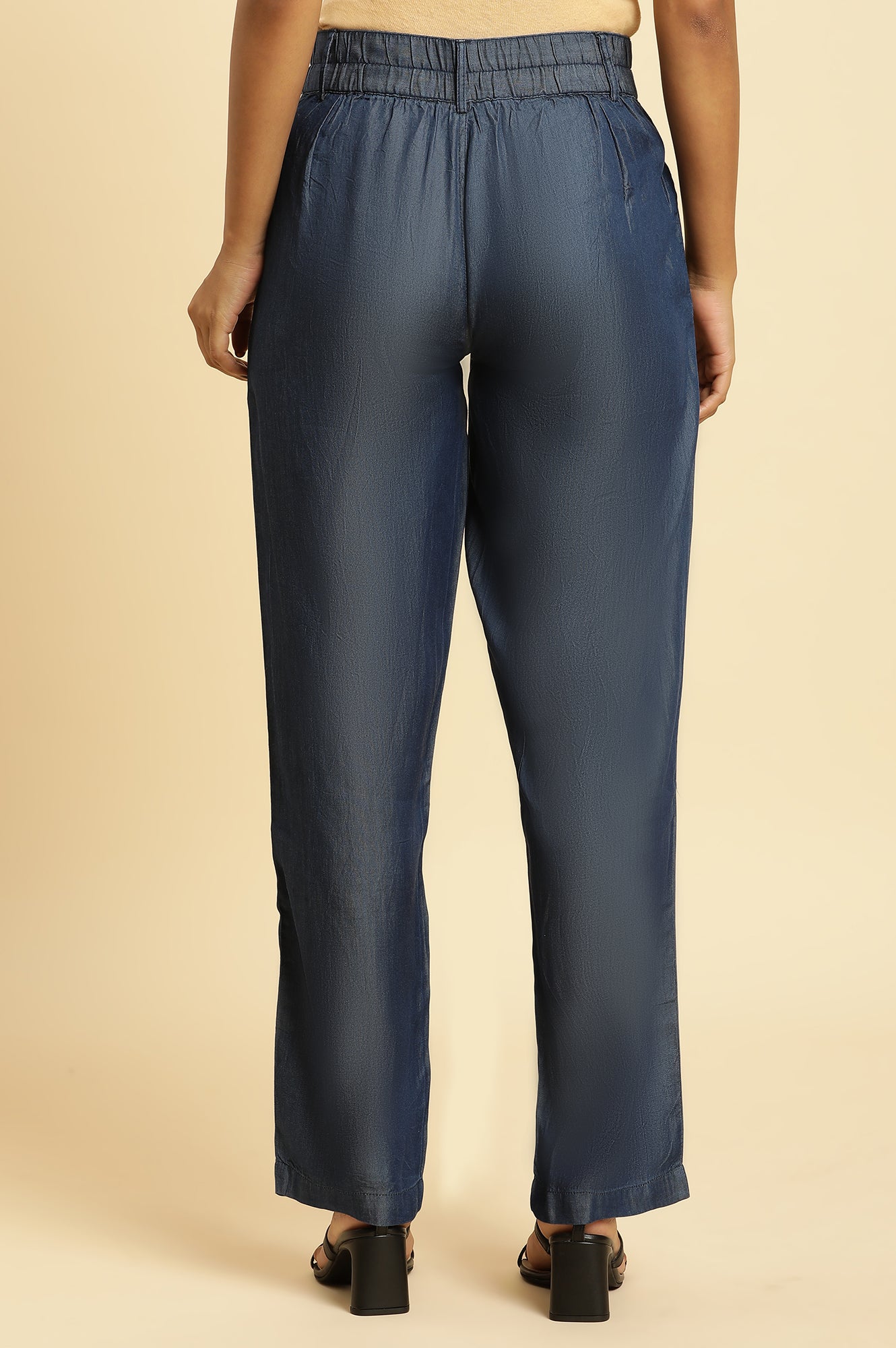 Blue Solid Straight Fit Denim Pants With Pleated Detail