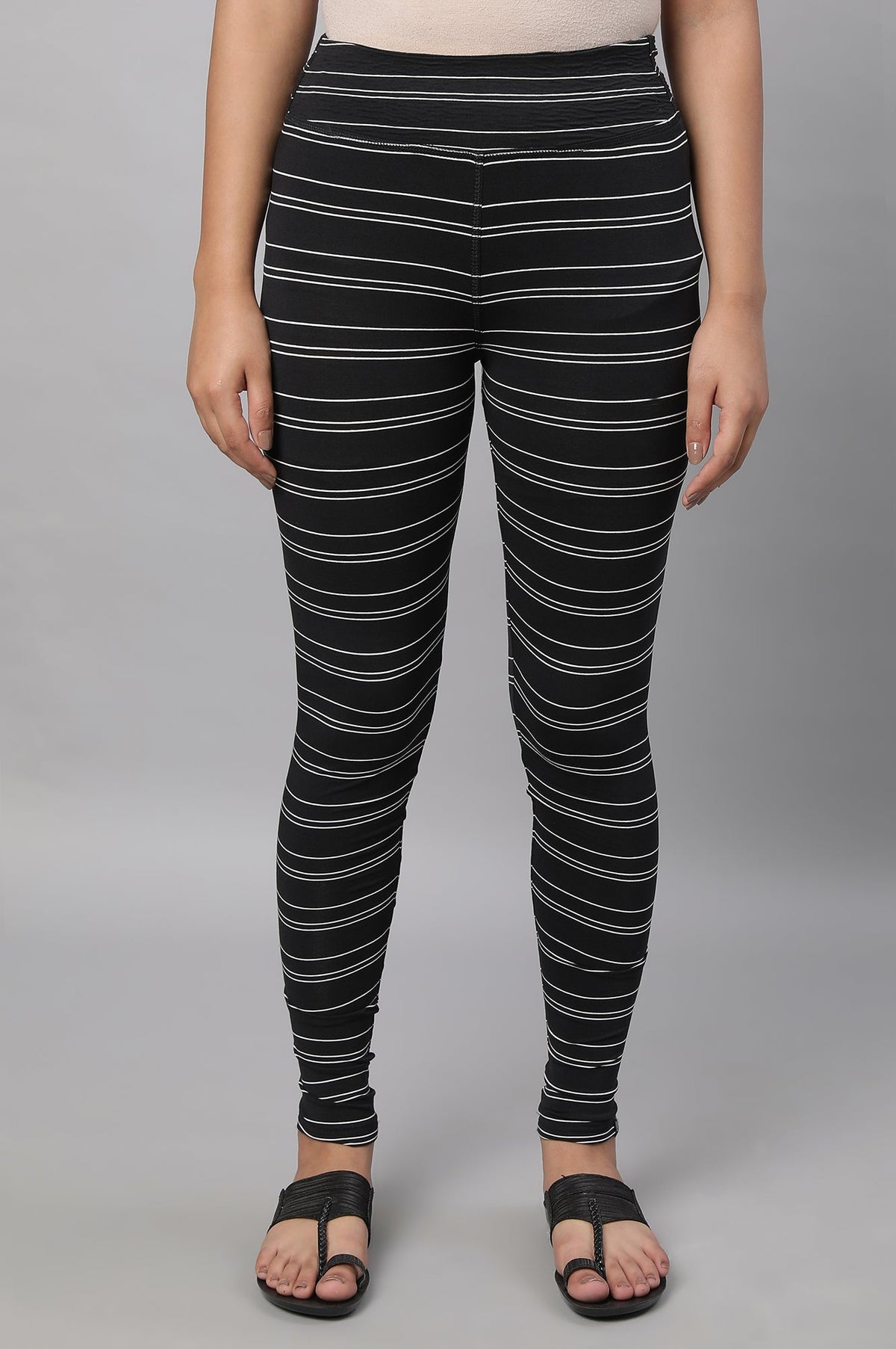 Elleven Women's Black Striped Skinny Fit Cotton Tights With High Waistband - XS