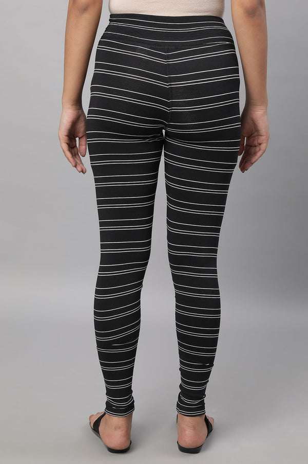 Black Striped Skinny Fit Cotton Tights With High Waistband