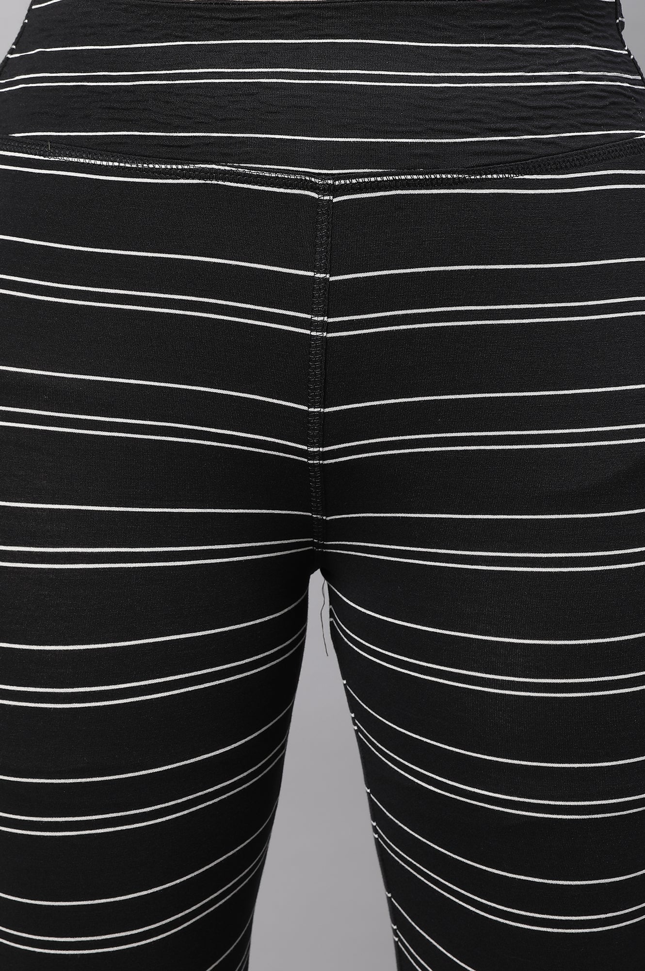 Black Striped Skinny Fit Cotton Tights With High Waistband