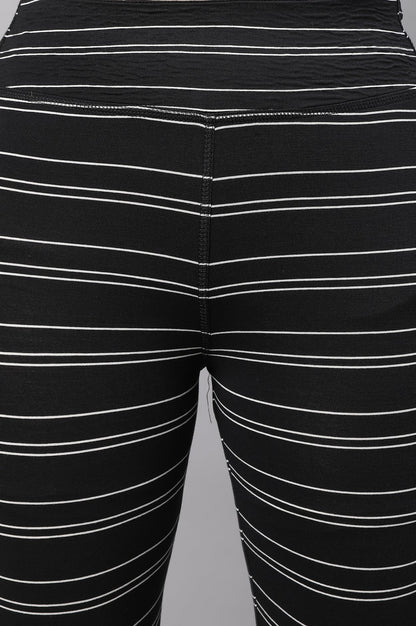 Black Striped Skinny Fit Cotton Tights With High Waistband