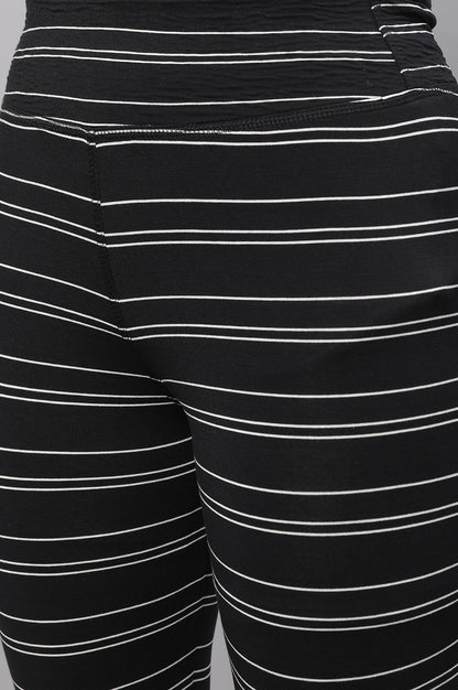Black Striped Skinny Fit Cotton Tights With High Waistband