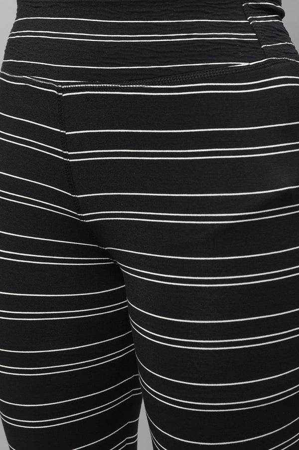 Black Striped Skinny Fit Cotton Tights With High Waistband