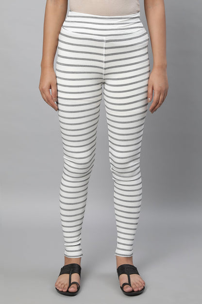 White Striped Skinny Fit Cotton Tights With High Waistband