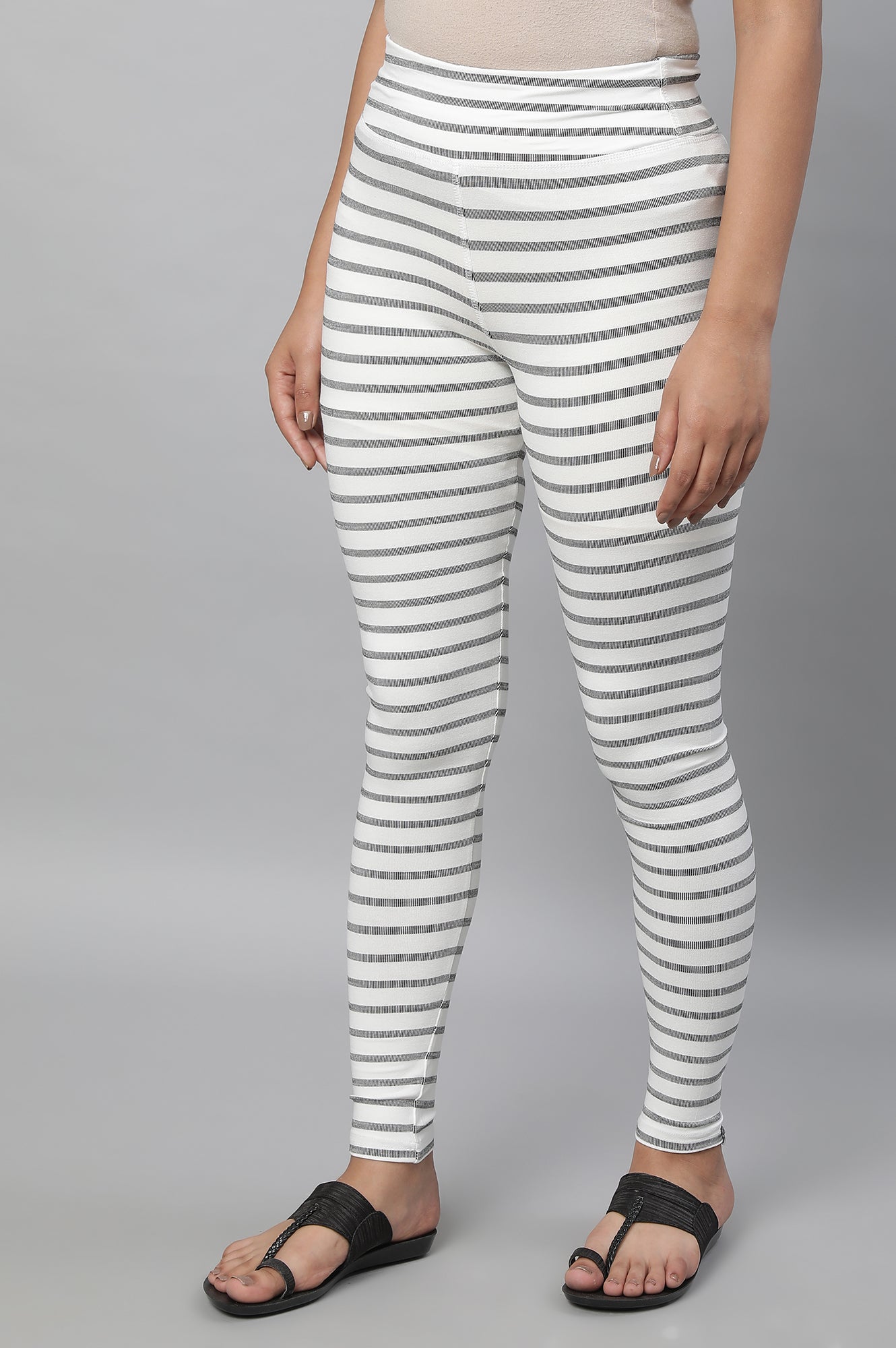 White Striped Skinny Fit Cotton Tights With High Waistband
