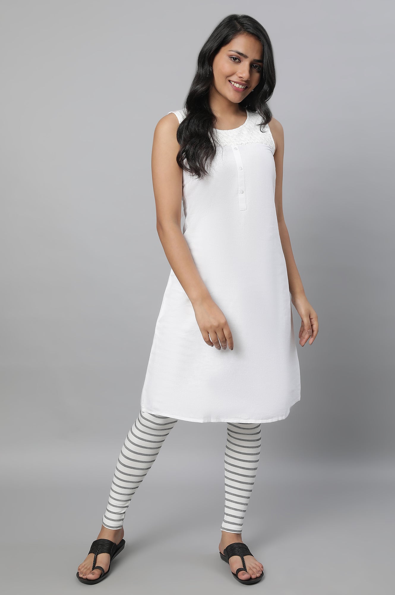 White Striped Skinny Fit Cotton Tights With High Waistband